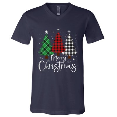 Merry Christmas 3 Xmas Trees Buffalo Plaid Family Matching V-Neck T-Shirt