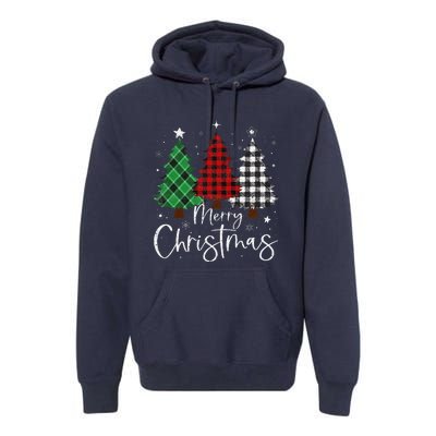 Merry Christmas 3 Xmas Trees Buffalo Plaid Family Matching Premium Hoodie