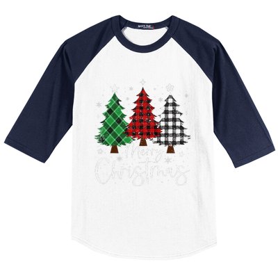 Merry Christmas 3 Xmas Trees Buffalo Plaid Family Matching Baseball Sleeve Shirt