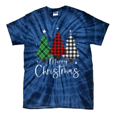 Merry Christmas 3 Xmas Trees Buffalo Plaid Family Matching Tie-Dye T-Shirt