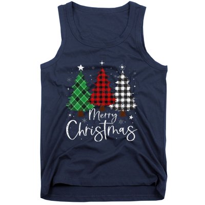 Merry Christmas 3 Xmas Trees Buffalo Plaid Family Matching Tank Top