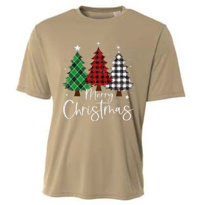 Merry Christmas 3 Xmas Trees Buffalo Plaid Family Matching Cooling Performance Crew T-Shirt