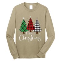 Merry Christmas 3 Xmas Trees Buffalo Plaid Family Matching Long Sleeve Shirt