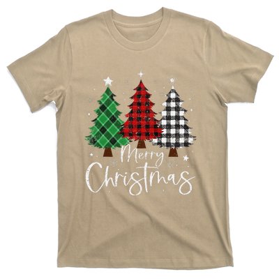 Merry Christmas 3 Xmas Trees Buffalo Plaid Family Matching T-Shirt