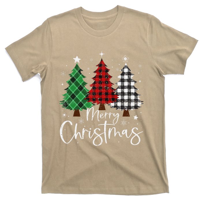 Merry Christmas 3 Xmas Trees Buffalo Plaid Family Matching T-Shirt