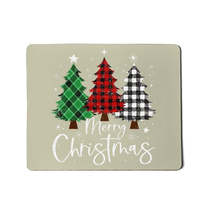 Merry Christmas 3 Xmas Trees Buffalo Plaid Family Matching Mousepad