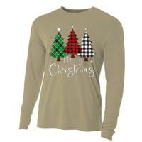 Merry Christmas 3 Xmas Trees Buffalo Plaid Family Matching Cooling Performance Long Sleeve Crew