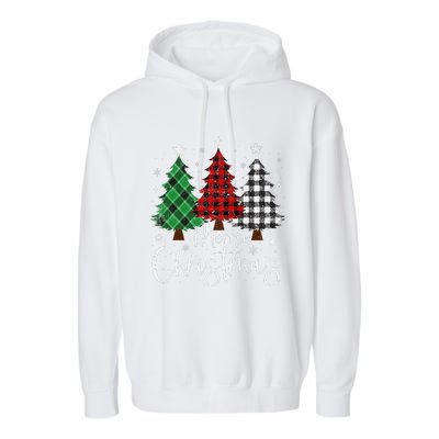 Merry Christmas 3 Xmas Trees Buffalo Plaid Family Matching Garment-Dyed Fleece Hoodie