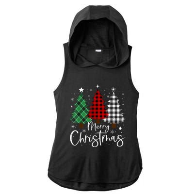 Merry Christmas 3 Xmas Trees Buffalo Plaid Family Matching Ladies PosiCharge Tri-Blend Wicking Draft Hoodie Tank