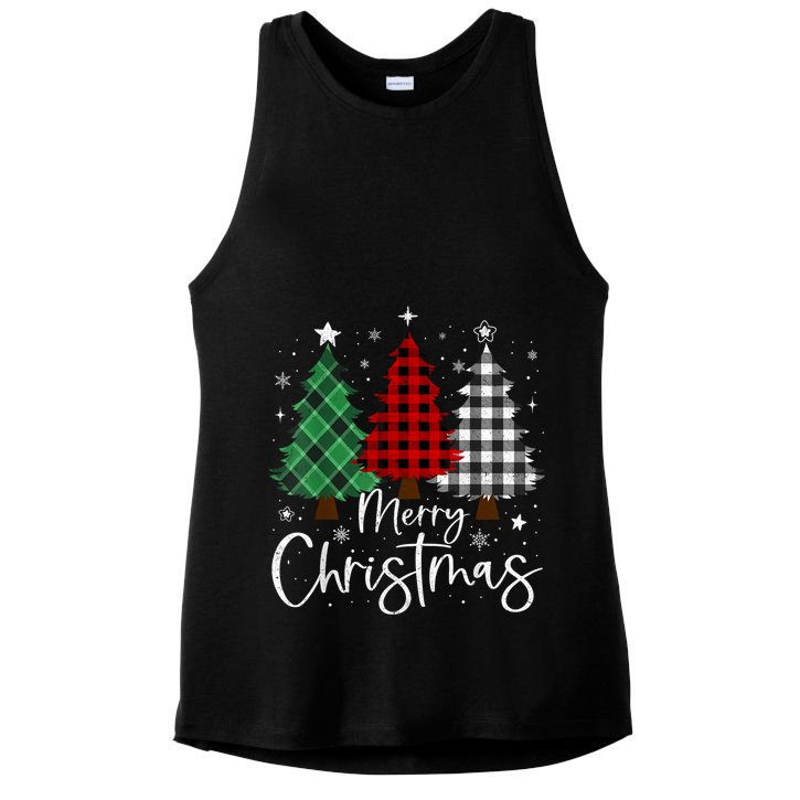 Merry Christmas 3 Xmas Trees Buffalo Plaid Family Matching Ladies PosiCharge Tri-Blend Wicking Tank