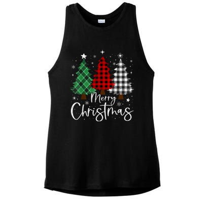 Merry Christmas 3 Xmas Trees Buffalo Plaid Family Matching Ladies PosiCharge Tri-Blend Wicking Tank