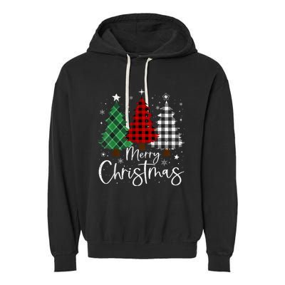 Merry Christmas 3 Xmas Trees Buffalo Plaid Family Matching Garment-Dyed Fleece Hoodie