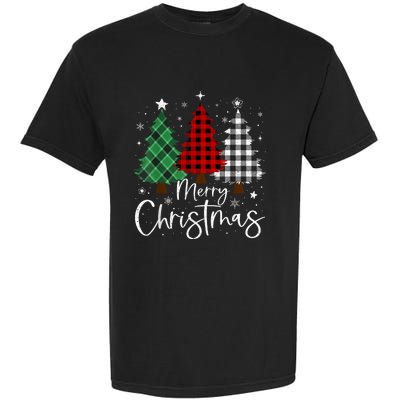 Merry Christmas 3 Xmas Trees Buffalo Plaid Family Matching Garment-Dyed Heavyweight T-Shirt