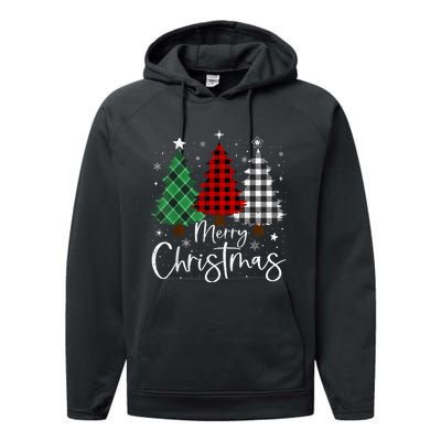 Merry Christmas 3 Xmas Trees Buffalo Plaid Family Matching Performance Fleece Hoodie