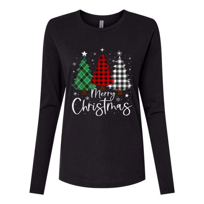 Merry Christmas 3 Xmas Trees Buffalo Plaid Family Matching Womens Cotton Relaxed Long Sleeve T-Shirt