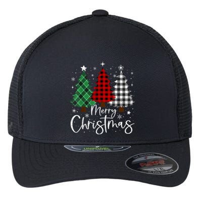 Merry Christmas 3 Xmas Trees Buffalo Plaid Family Matching Flexfit Unipanel Trucker Cap