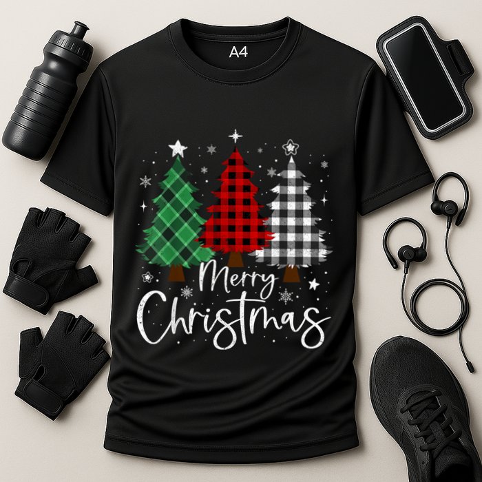 Merry Christmas 3 Xmas Trees Buffalo Plaid Family Matching Performance Shirt