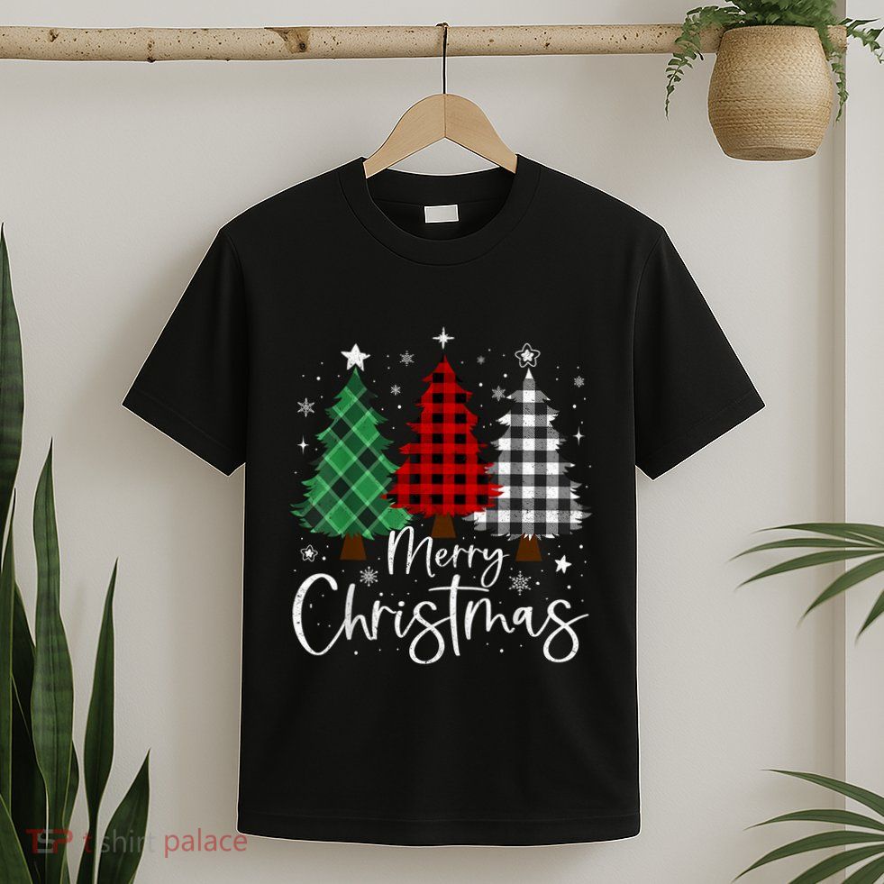 Merry Christmas 3 Xmas Trees Buffalo Plaid Family Matching T-Shirt