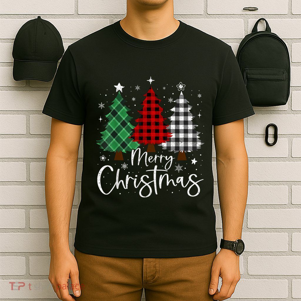 Merry Christmas 3 Xmas Trees Buffalo Plaid Family Matching T-Shirt