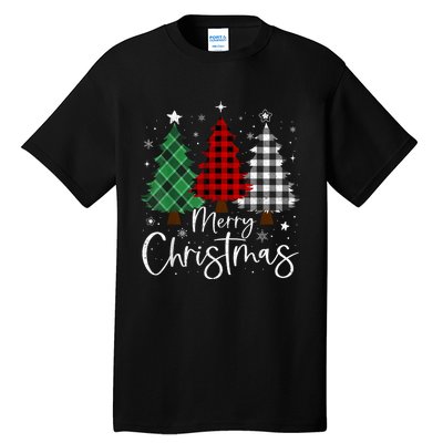 Merry Christmas 3 Xmas Trees Buffalo Plaid Family Matching Tall T-Shirt