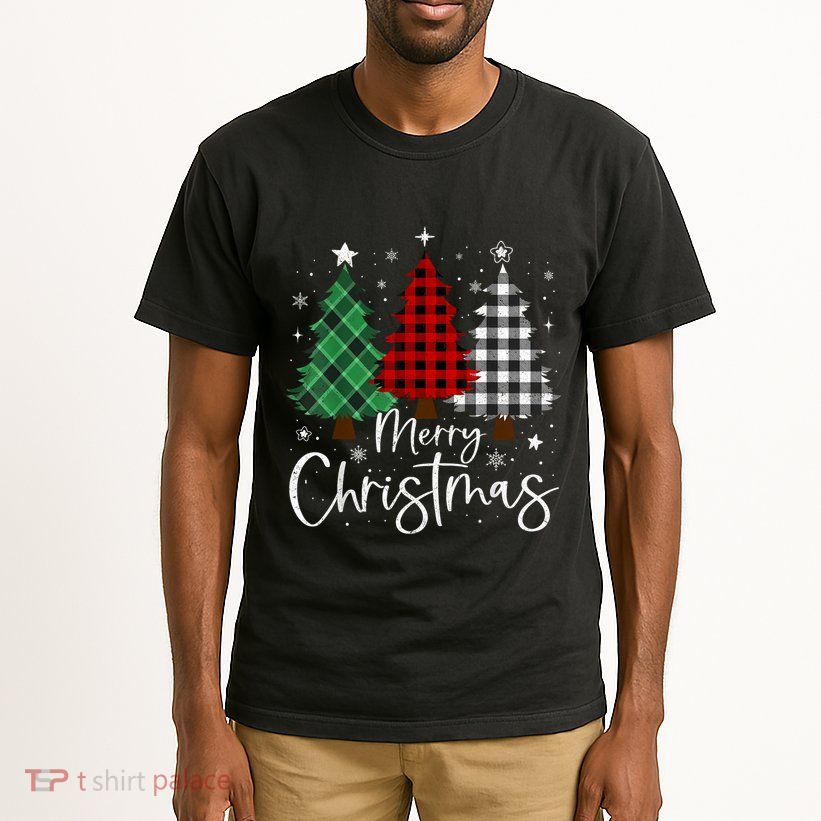 Merry Christmas 3 Xmas Trees Buffalo Plaid Family Matching Tall T-Shirt