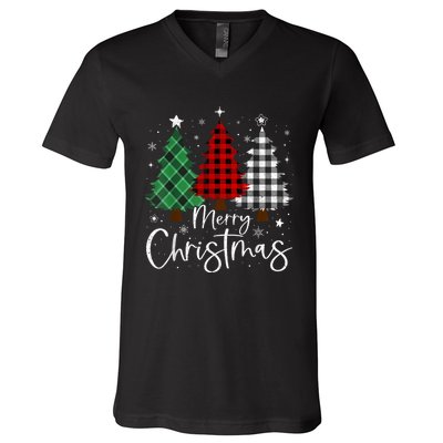 Merry Christmas 3 Xmas Trees Buffalo Plaid Family Matching V-Neck T-Shirt