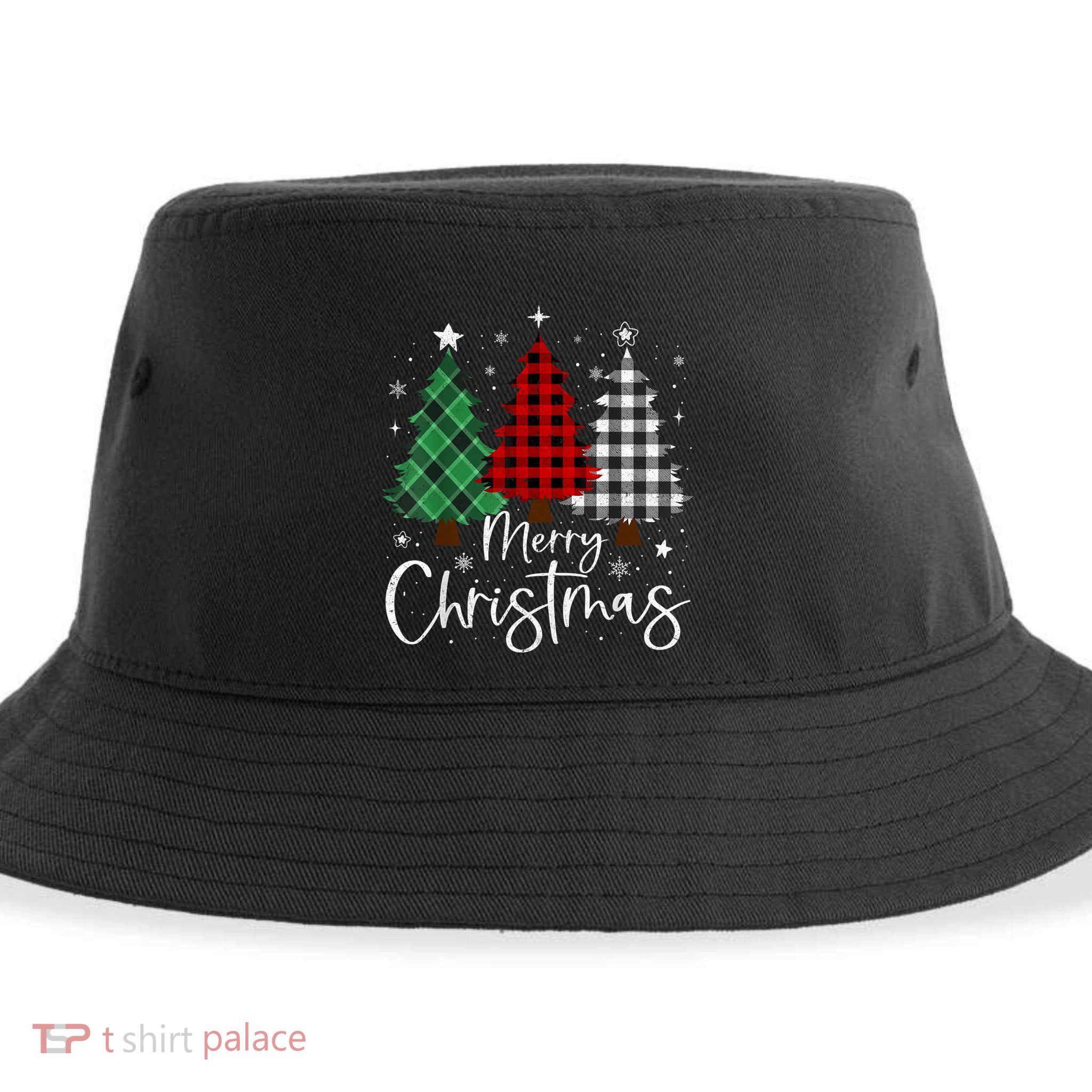 Merry Christmas 3 Xmas Trees Buffalo Plaid Family Matching Sustainable Bucket Hat