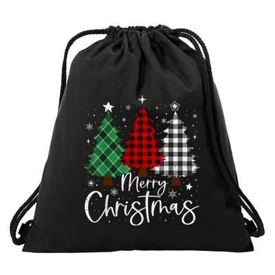 Merry Christmas 3 Xmas Trees Buffalo Plaid Family Matching Drawstring Bag