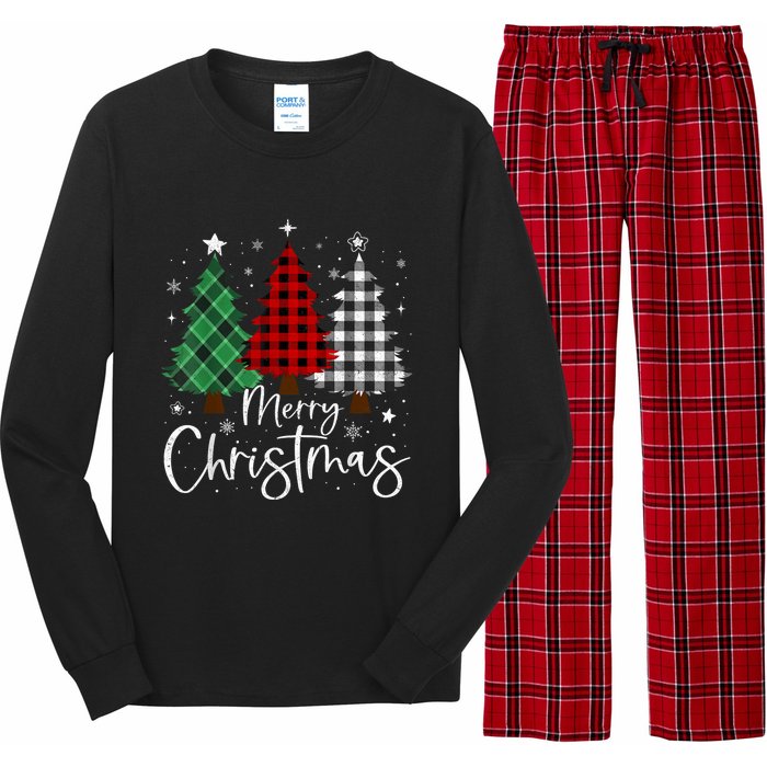 Merry Christmas 3 Xmas Trees Buffalo Plaid Family Matching Long Sleeve Pajama Set