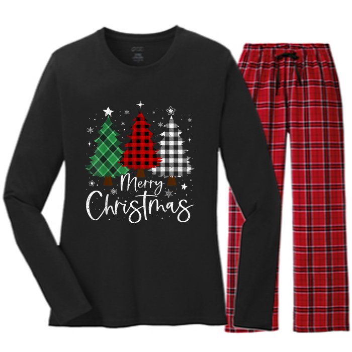 Merry Christmas 3 Xmas Trees Buffalo Plaid Family Matching Women's Long Sleeve Flannel Pajama Set 