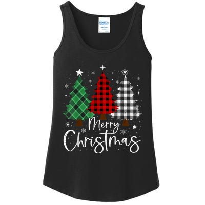 Merry Christmas 3 Xmas Trees Buffalo Plaid Family Matching Ladies Essential Tank