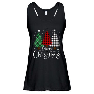 Merry Christmas 3 Xmas Trees Buffalo Plaid Family Matching Ladies Essential Flowy Tank