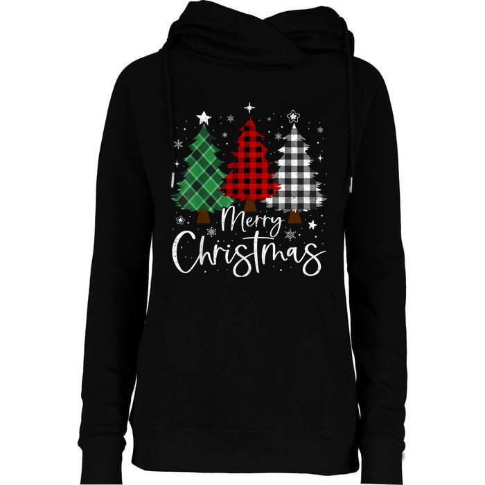 Merry Christmas 3 Xmas Trees Buffalo Plaid Family Matching Womens Funnel Neck Pullover Hood