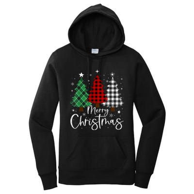 Merry Christmas 3 Xmas Trees Buffalo Plaid Family Matching Women's Pullover Hoodie