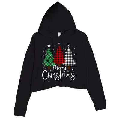 Merry Christmas 3 Xmas Trees Buffalo Plaid Family Matching Crop Fleece Hoodie