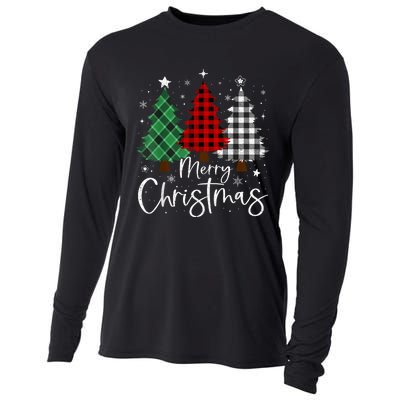 Merry Christmas 3 Xmas Trees Buffalo Plaid Family Matching Cooling Performance Long Sleeve Crew