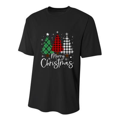Merry Christmas 3 Xmas Trees Buffalo Plaid Family Matching Youth Performance Sprint T-Shirt