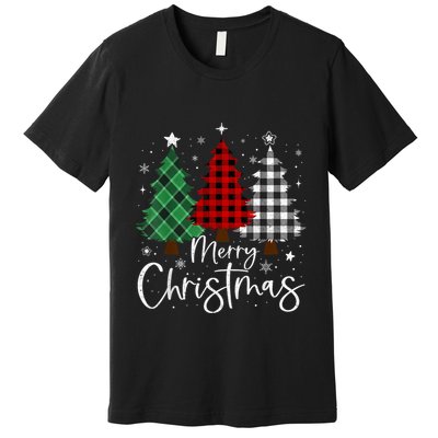Merry Christmas 3 Xmas Trees Buffalo Plaid Family Matching Premium T-Shirt