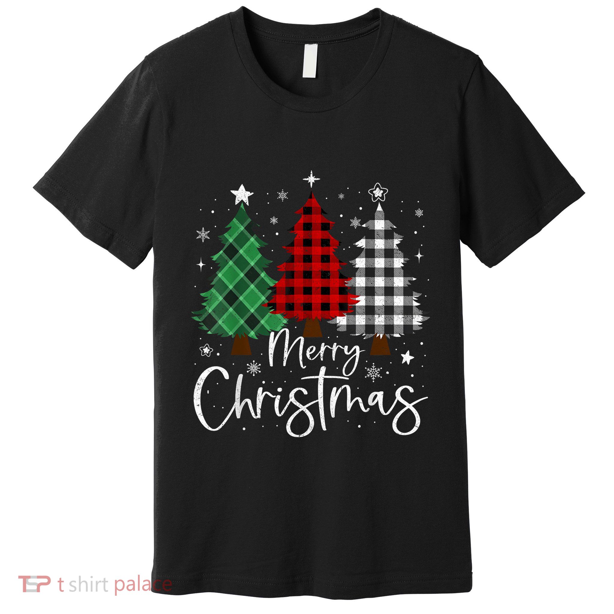 Merry Christmas 3 Xmas Trees Buffalo Plaid Family Matching Premium T-Shirt