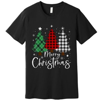 Merry Christmas 3 Xmas Trees Buffalo Plaid Family Matching Premium T-Shirt