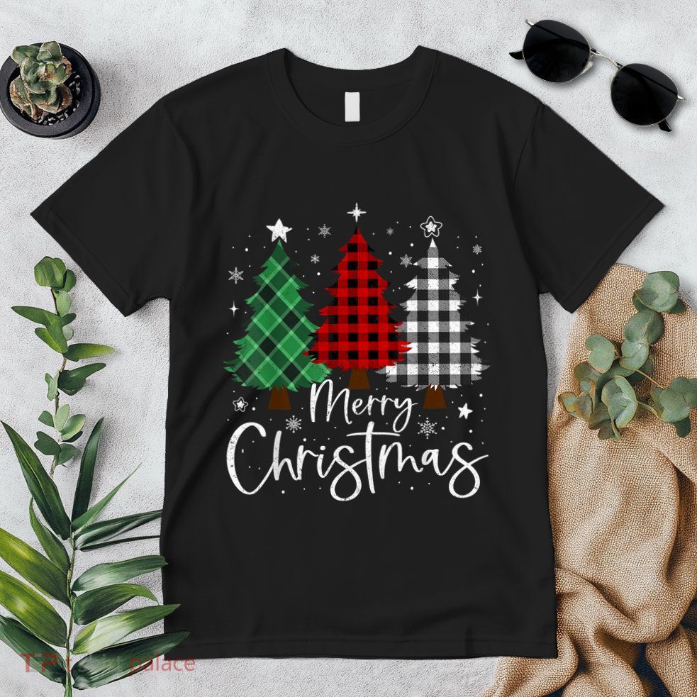 Merry Christmas 3 Xmas Trees Buffalo Plaid Family Matching Premium T-Shirt