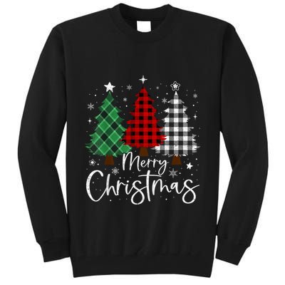 Merry Christmas 3 Xmas Trees Buffalo Plaid Family Matching Tall Sweatshirt