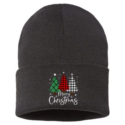 Merry Christmas 3 Xmas Trees Buffalo Plaid Family Matching Sustainable Knit Beanie
