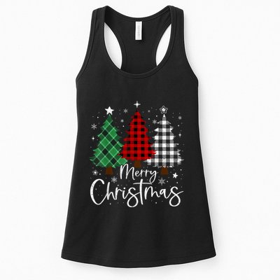 Merry Christmas 3 Xmas Trees Buffalo Plaid Family Matching Womens Tank Top