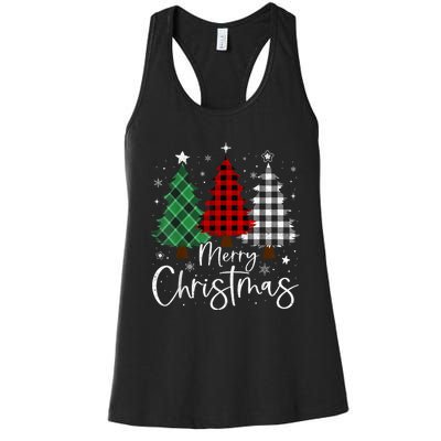 Merry Christmas 3 Xmas Trees Buffalo Plaid Family Matching Women's Racerback Tank