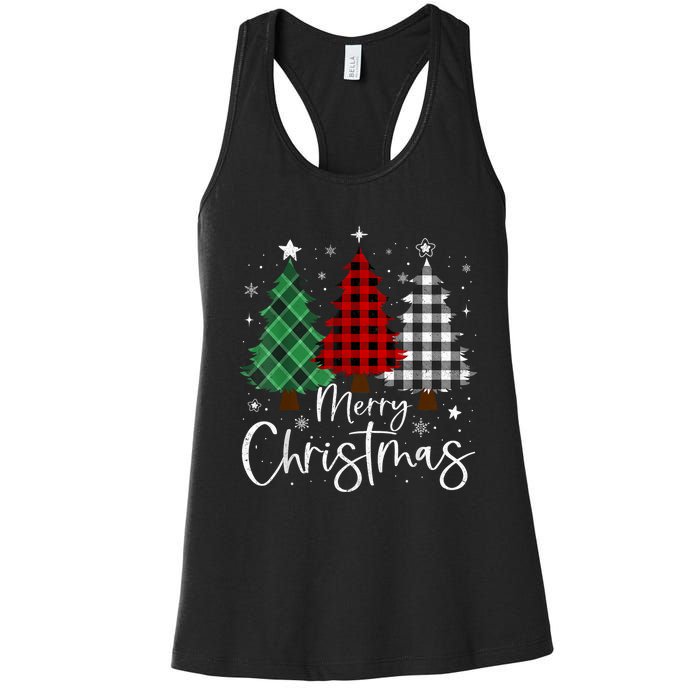 Merry Christmas 3 Xmas Trees Buffalo Plaid Family Matching Women's Racerback Tank