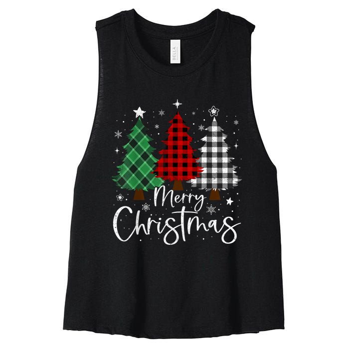 Merry Christmas 3 Xmas Trees Buffalo Plaid Family Matching Women's Racerback Cropped Tank