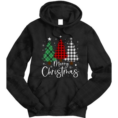 Merry Christmas 3 Xmas Trees Buffalo Plaid Family Matching Tie Dye Hoodie