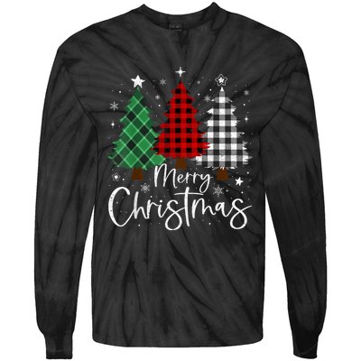 Merry Christmas 3 Xmas Trees Buffalo Plaid Family Matching Tie-Dye Long Sleeve Shirt