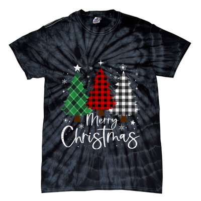 Merry Christmas 3 Xmas Trees Buffalo Plaid Family Matching Tie-Dye T-Shirt